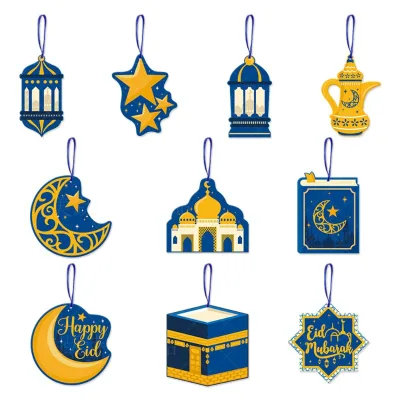 Eid Mubarak Wooden Ornaments Moon Star Hanging Ramadan Lantern Wood Decoration Wood Wishes Craft for Tree Rmandan Eid Al-Fitr