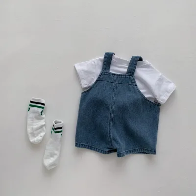 Boys and Girls Suits 2024 Summer New Children's Denim Overalls Stylish White T-shirt Two-piece Suit