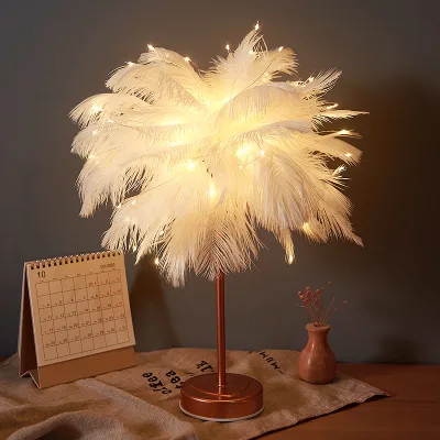Wholesale Nordic Bedroom Bedside Ostrich Table Lamp Wedding Room Warm Decoration Standing Feather Lamp