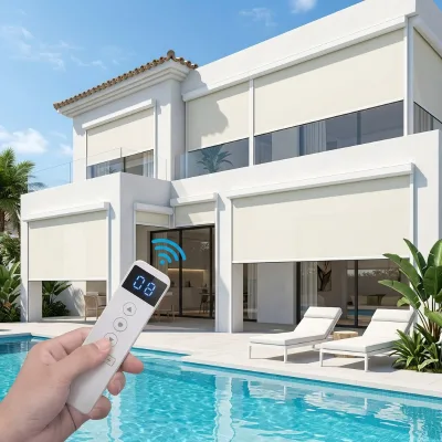 Household Motorized Zip Track Plain Roller Shades Waterproof UV Protection Outdoor Remote Control Customizable Luxury Villa