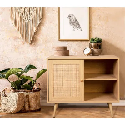 Sideboard Buffet Cabinet with Rattan Door, Accent Storage Cabinet Natural Rattan Mid Century Modern Cupboard Console Table