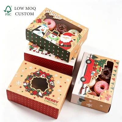 Wholesale Foldable Christmas Donut Boxes With Clear Window, Custom Bakery Cookie Pastry Gift Packaging Boxes
