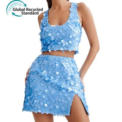 Sequined Design Women Crop Top Set Sleeveless Crop Tank Top & Skirt Two-piece Sequin Set Party Outfit for Ladies