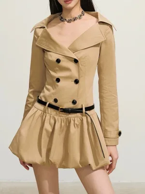 Vintage Large Lapel Slimming Puff Dress Double-Breasted Trench Coat Style Waist-Cinching Dress Women's Dresses