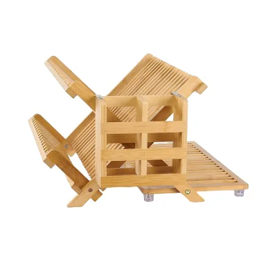 Custom Bamboo Dish Drying Rack with Utensil Holder,Collapsible Wooden Dish Drainer Rack for Kitchen,3 Tier Large Folding Drying