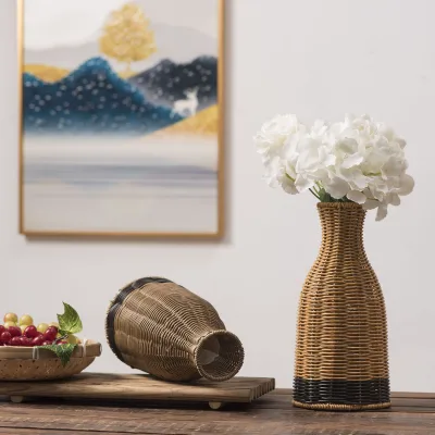 Hot Selling Vintage Style PP Rattan Handcrafted Rustic Decorative Flower Holder Wooden Vases Home Decor