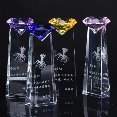 Factory Customized Colorful pink Diamond Crystal Trophy Glass Medals Sports Events Awards