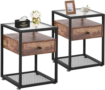 Metal Narrow Black Bedside Farmhouse Nightstand Side Table With Drawers