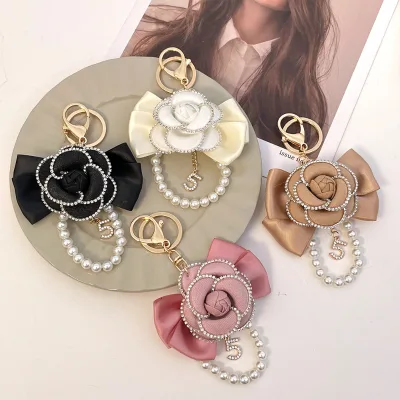 Elegant Diamond Edged Camellia Bag Charm Silk Bow Artificial Pearl & Lucky Number 5 Keychain Delicate Lady Decoration Accessory