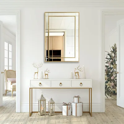 Customized Gold - Framed Double - Layered Wall Mirror - Decorative, Rectangle, Wall - Mounted, for Hallway & Home Decor
