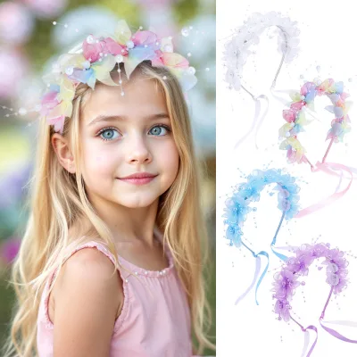 Fairy Flower Crown Headband Pearl Beaded Wire Whimsical Floral Tiara Kids Girl Headwear Wedding Party Hair Accessories Wholesale