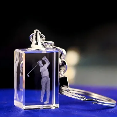 ZP Custom 3D Laser Engraved Crystal Keychain Square Cube Golf Souvenir Keyring Personalized Gift for Golfers
