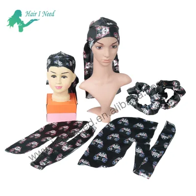 Wholesale Solid Black Designer Durags for Men Women Silk Custom With Logo Durags Luxury Long Tail Head Wrap