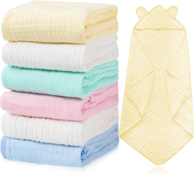 High Quality Muslin Baby Bath Towel With Hood Hot Sale 6 Layers Cute Baby Towels Multicolor Baby Blanket Shower Gift