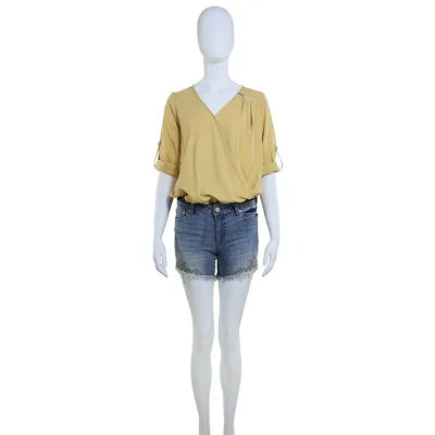 Lady's Elegant Summer Blouse Office Casual V Neck Banded Elastic Bottom Yellow Zipper Decorated Woven Woven Button Decoration
