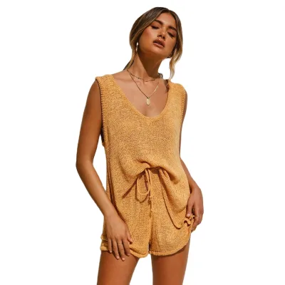 Women Casual Two Piece Set v Neck Knit Top Shorts Summer Outfits Solid Fashion Wholesale Clothing