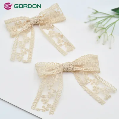 Gordon Ribbons Customize 4cm Lace Bow Hair Bows for Girls Embroidery Flower Lace Handmade Bow Hair Ribbon for Children
