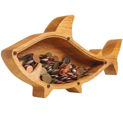 Wholesale Custom Animal Shape Saving Box Transparent Wooden Piggy Bank for Kids