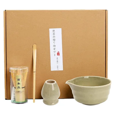 Natural Matcha 4 Pieces Kit Handmade Whisk Tea Bowl with Spout Bamboo Spoon and Ceramic Whisk Holder Traditional Matcha Set