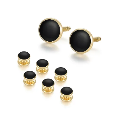 Ready to Ship DIY Black Oil Drop Gold Plated 8-Piece Men's Cufflinks Studs Set for Wedding Party Gift
