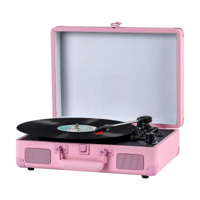 Portable 3 Speed Vintage Suitcase Turntable Pink Vinyl Record Player with RCA Line Out AUX Input Built in Stereo Speakers
