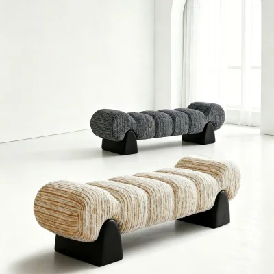 Modern Bench for Home Use Indoor Shoe-changing Bench Striped Fabric Long Bench with Solid Wooden Base Leisure Bench