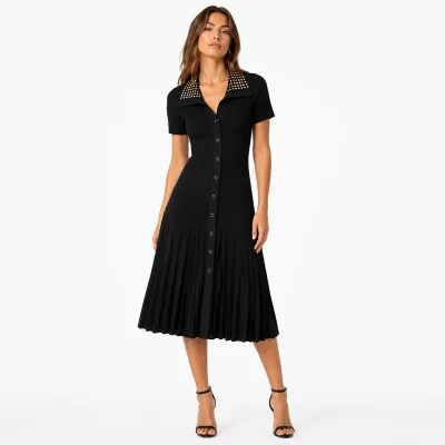 Private Label Womens Black Pointelle Knit Dress Polo Collar Short Sleeve Midi Wholesale