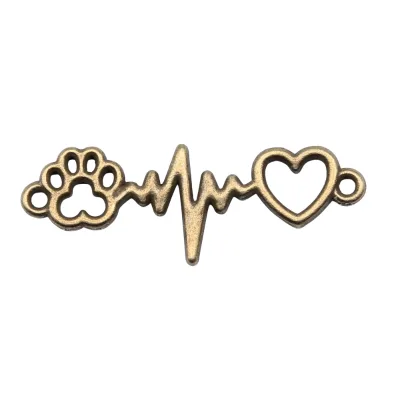 AA016086 12x34mm Zinc Alloy Antique Silver Bronze Color ECG Heartbeat Connector Heart Dog Claw Link Charms Unisex Pendant