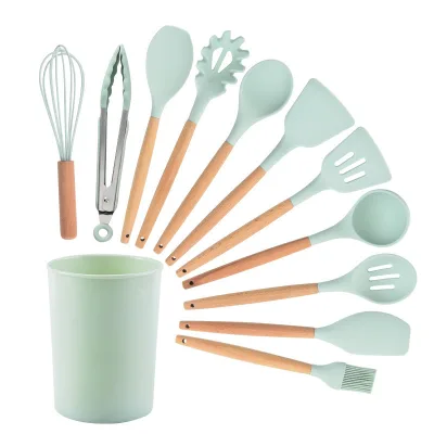 11-Piece Eco-Friendly Kitchen Utensil Set with Wooden Handles and Silicone Rubber Non-Stick Components Includes Shovel Spoon