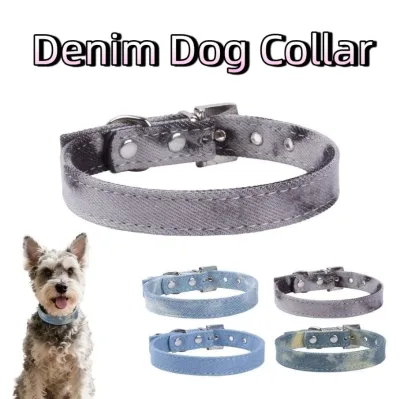 Vintage Denim Pet Collar Durable Washable with Rhinestone Metal Buckle and Bell for Small Medium Large Dogs Cats