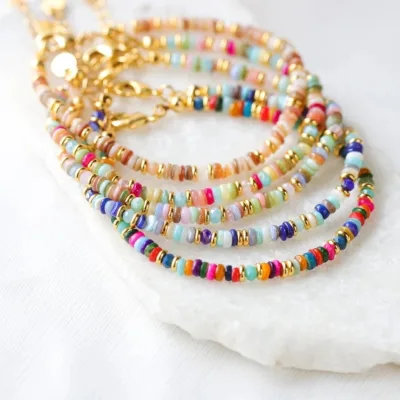 Fancy Day Unisex Geometric Multicolor Healing Handmade Raw Gemstone Bangle Natural Shell Stone Beaded Bracelet Men