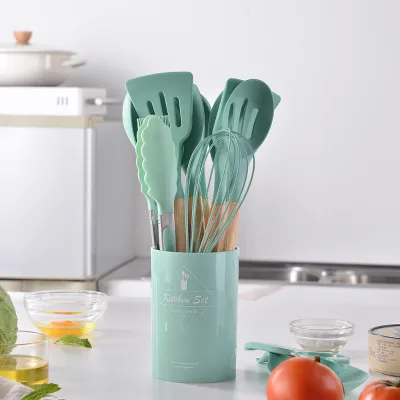 Light Version Wooden Handle Silicone Kitchenware Set Round Bucket 14-piece Non-stick Cooking Spatula