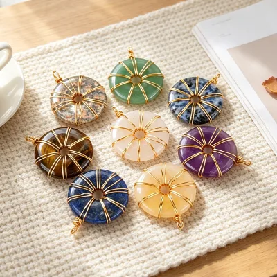 Wholesale Handmade Healing Jewelry Natural Crystal Gold Wire Wrapped Donut Pendant Necklace for Women