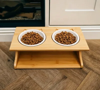 Anti Slip Bamboo Elevated Cat Bowl Stand Detachable Ceramic Food Water Bowl Raised Pet Dinner Table for Cats and Dogs