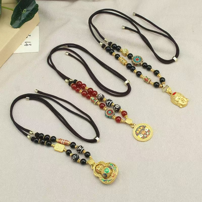 Vintage Ancient Nepal Green Tara Amulet Necklace Tibetan Buddhist God Buddha Statue Pendant with Wood Beads Chain Ebony Color