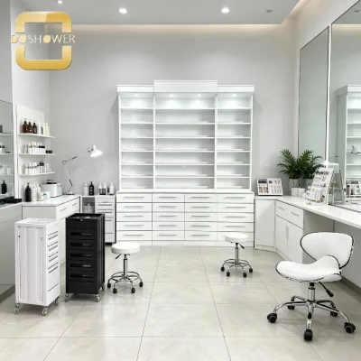 Large Capacity Salon Display Cabinet with Bottom Multi Drawer Storage Area and Smooth Metal Handles for Chain Skincare Stores