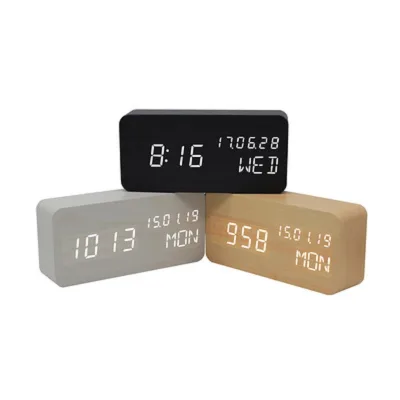 Bamboo Digital Number Display Temperature Alarm Clock Wooden Clock LED