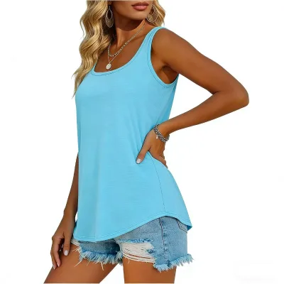 Women's Loose Fit CAMIS Summer Sleeveless Casual Breathable Spandex/Cotton Knitted Fabric Solid Square Collar Front Logo 100g