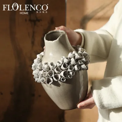 Flolenco Hand Sculpted 3D Flower Adorned Ceramic Vase Curved Organic Shape Floral Vases for Boutique Hotel Interior Decor