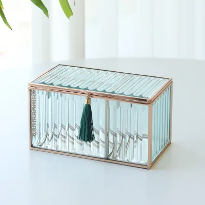 Wholesale Glass Jewelry Organizer Box with Fluted Panels, 3 Compartments and Tassel Lid for Jewelry Storage and Vanity Display