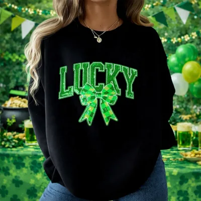 Custom Lucky Sequin Patch Green Clover Bowknot Embroidery Badge Large St. Patrick's Day Applique Iron on for Sweatshirt Jacket