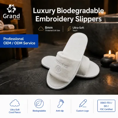 Wholesale Custom Logo Biodegradable GRAND Brand Disposable Luxury Soft Terry Velvet Hotel Guest Slipper for Hotel Amenities Spa