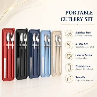 Premium Gold Red Stainless Steel Cutlery Set Spoon Fork Chopsticks 3 Piece Portable Case Reusable Travel Business Gift Set