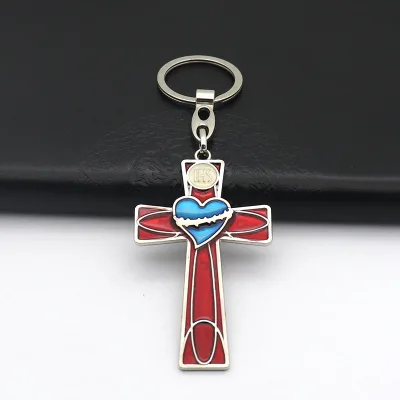 Sacred Heart Crucifix Keychain with IHS, Catholic Jesus Enamel Cross Keyring, Religious Gift for Baptism and Confirmation