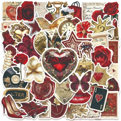 50Pcs Retro Red Rose Gold Graffiti Stickers for Luggage Decor Luxury Style Aesthetic Sticker