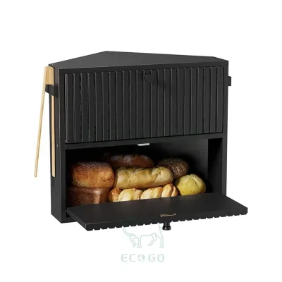 Large Corner Black Bread Box for Kitchen Countertop for Homemade Bread Double Layer Farmhouse Bread Holder for Cabinet Pantry