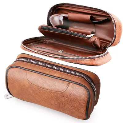 Customized High Quality Health Secure Soft Leather Preserve Freshness Smoking Pipe Tobacco Pouch Bag with 2 Pipe Holder Pocket