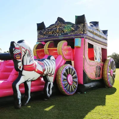 Best PVC Inflatable Pink Princess Carriage Bounce House With Slide Combo Cinderella Horse Carriage Jumping Castle Combo