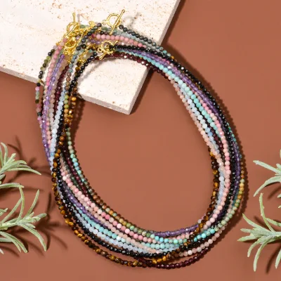Fashion 3mm Natural Stone Amethyst Sunstone Faceted Beads Necklace with OT Clasp Boho Jewelry for Women Casual Outfit
