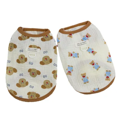 Cartoon Bear Print Cotton Dog & Cat Vest Tank Top Breathable Lightweight Summer Daily Wear Pet Vest with D-Ring